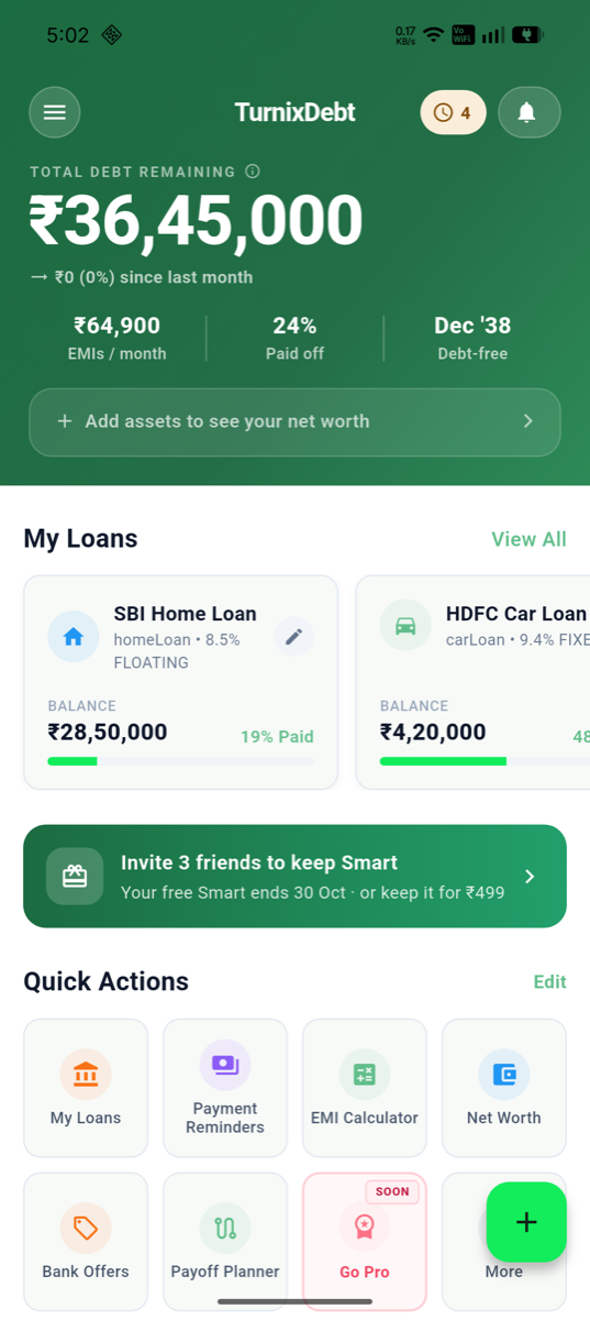 TurnixDebt dashboard showing total debt and upcoming payments